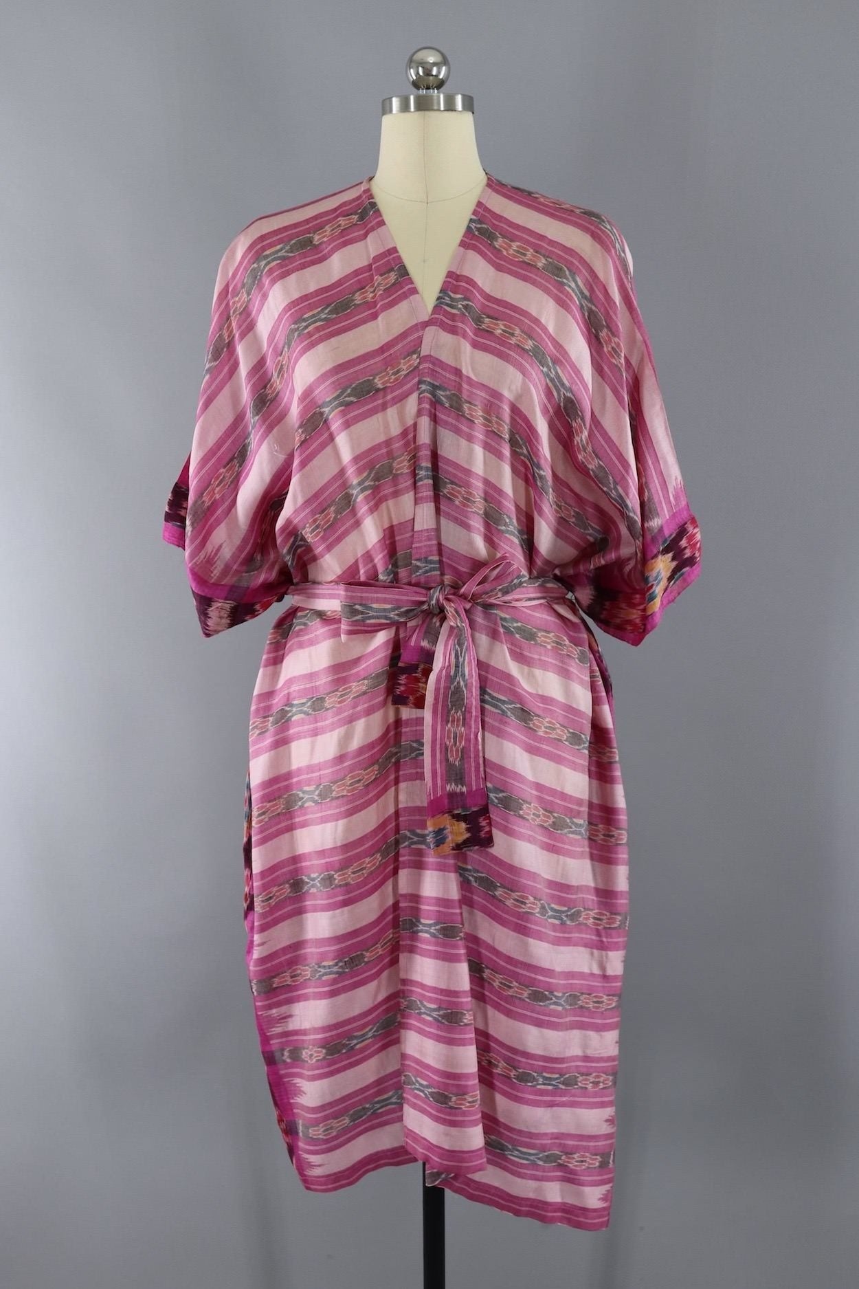 Silk Sari Robe / Pink Ikat Stripes - ThisBlueBird