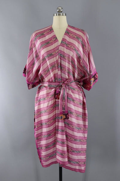 Silk Sari Robe / Pink Ikat Stripes - ThisBlueBird