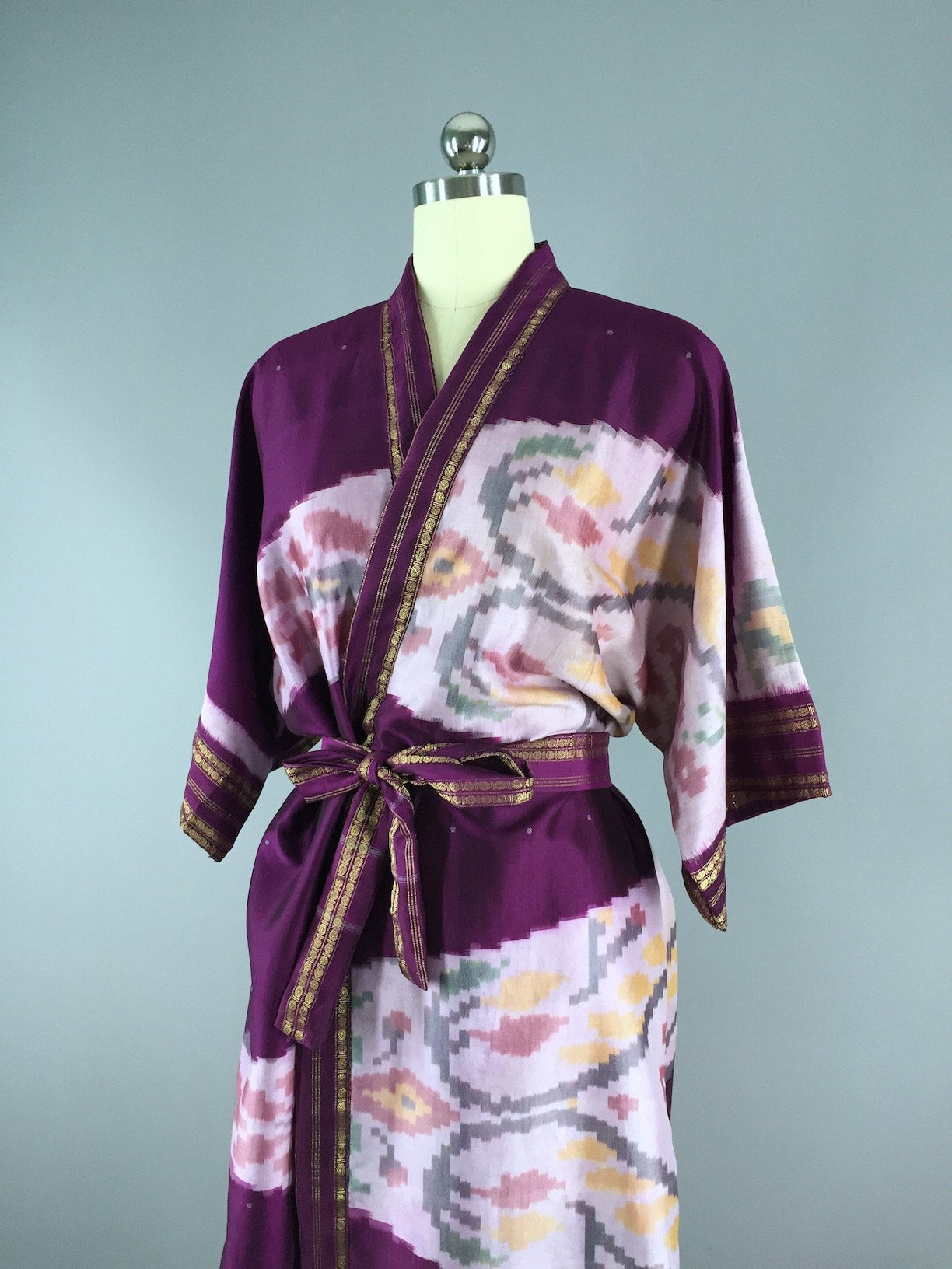 Silk Sari Robe / Purple Pink Ikat - ThisBlueBird