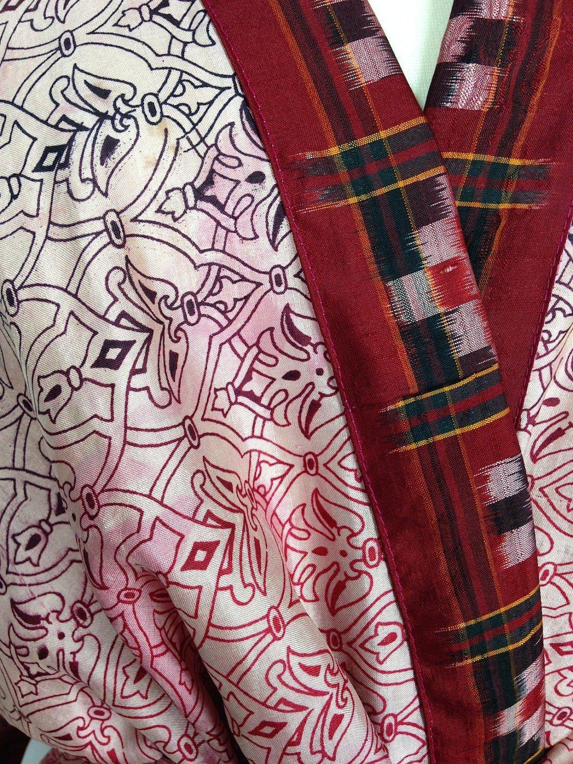 Silk Sari Robe / Red Block Print - ThisBlueBird