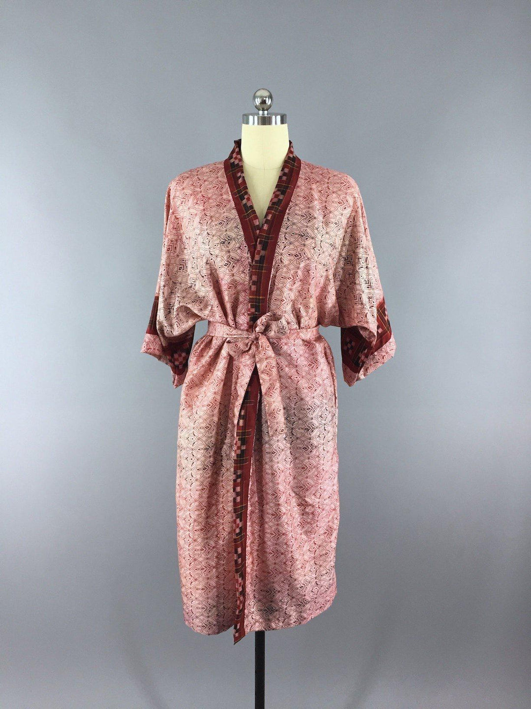 Silk Sari Robe / Red Block Print - ThisBlueBird