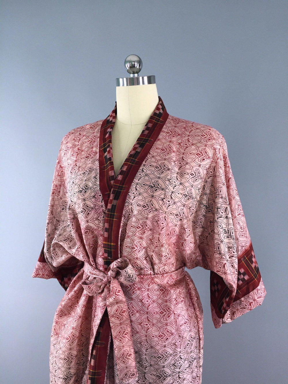Silk Sari Robe / Red Block Print - ThisBlueBird