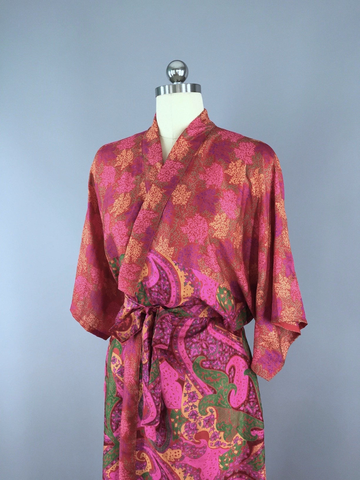Silk Sari Robe / Red Paisley Coral Print - ThisBlueBird