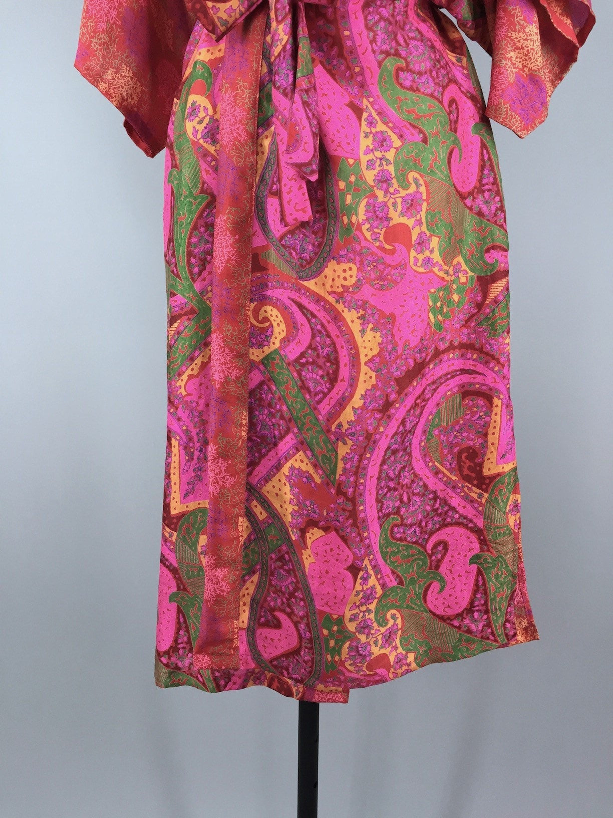 Silk Sari Robe / Red Paisley Coral Print - ThisBlueBird