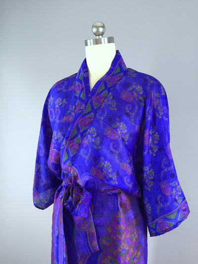 Silk Sari Robe / Royal Blue Floral - ThisBlueBird