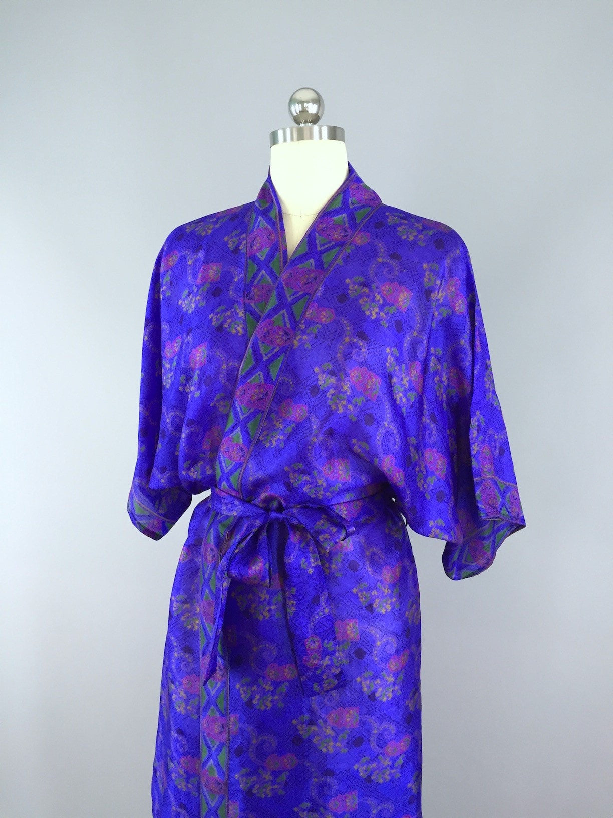 Silk Sari Robe / Royal Blue Small Floral - ThisBlueBird