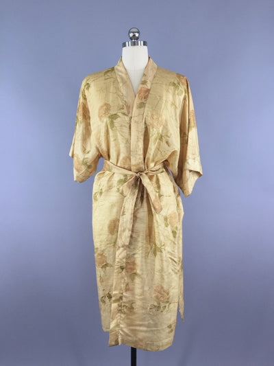 Silk Sari Robe / Tan Floral Print - ThisBlueBird