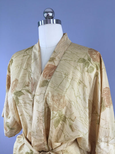 Silk Sari Robe / Tan Floral Print - ThisBlueBird