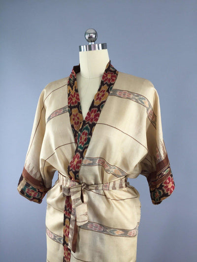 Silk Sari Robe / Tan Ikat - ThisBlueBird