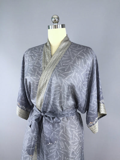 Silk Sari Robe / Tiny Gray Floral Print - ThisBlueBird