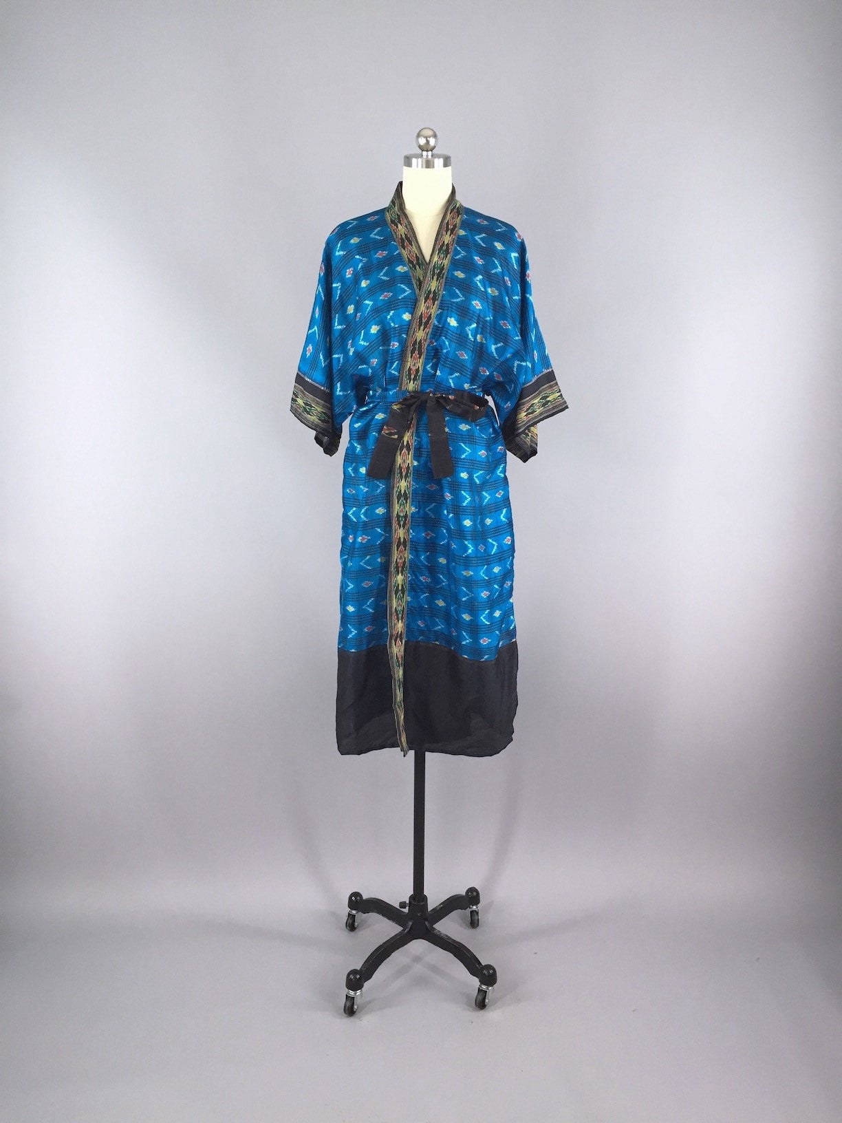 Silk Sari Robe / Turquoise & Black Ikat - ThisBlueBird
