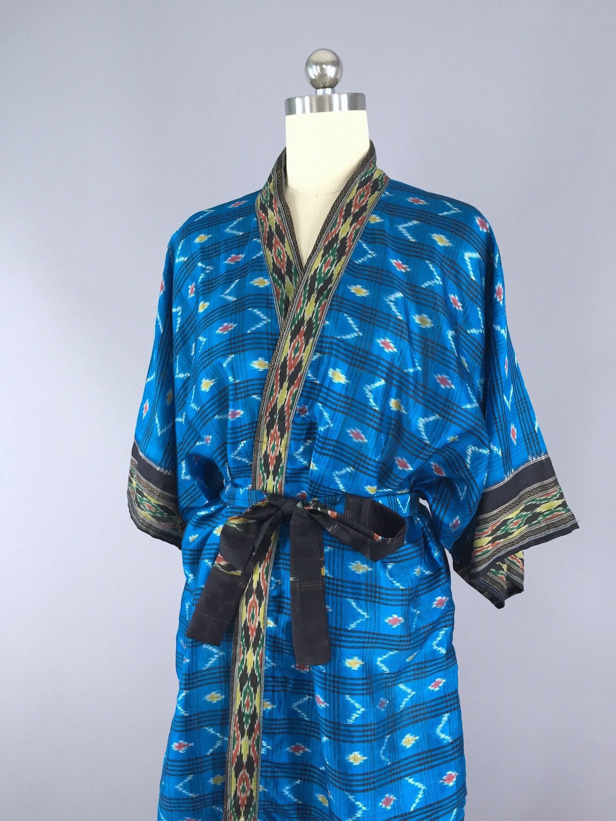 Silk Sari Robe / Turquoise & Black Ikat - ThisBlueBird