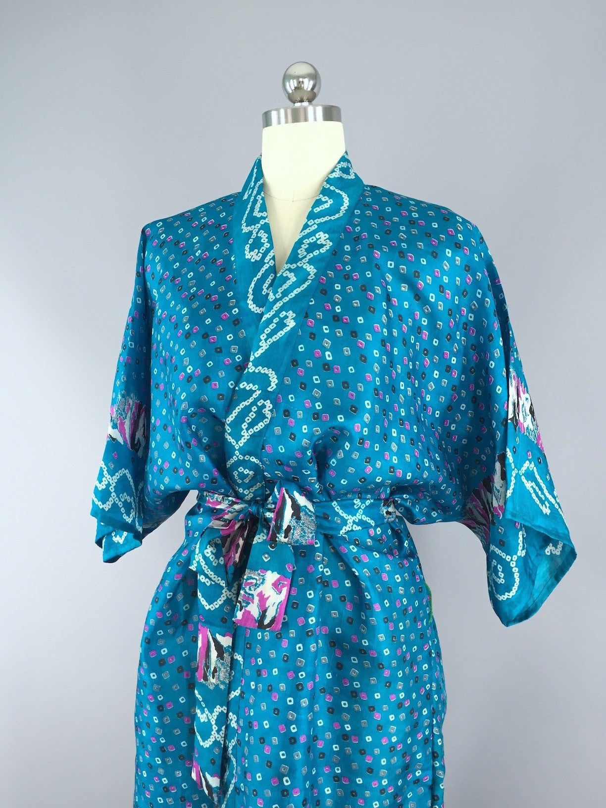 Silk Sari Robe / Turquoise Dots - ThisBlueBird