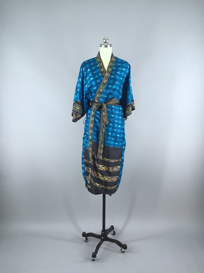 Silk Sari Robe / Turquoise Ikat - ThisBlueBird