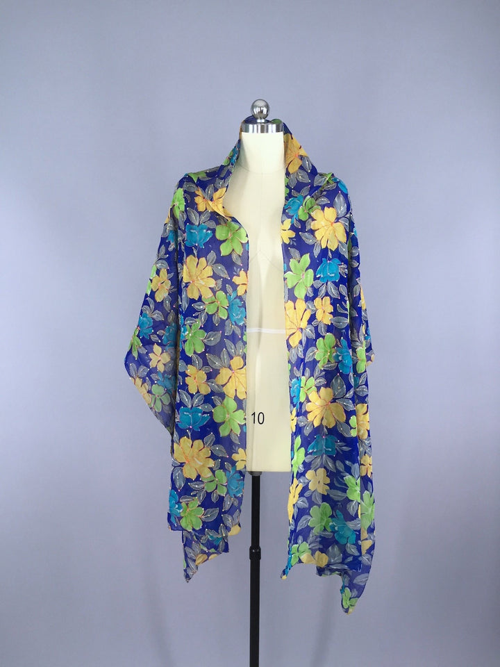 Silk Sari Scarf Shawl Wrap / Blue Floral - ThisBlueBird