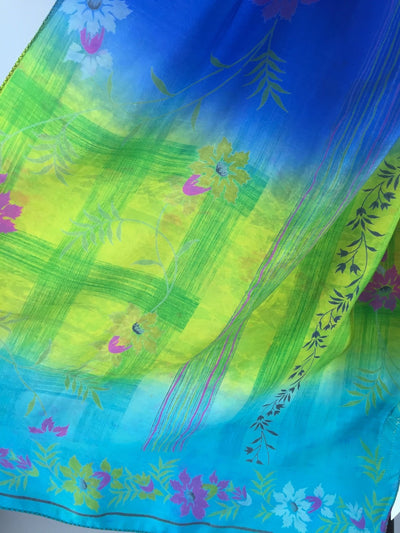 Silk Sari Scarf / Vintage Indian Silk Sari / Blue Floral Print - ThisBlueBird