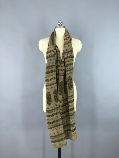 Silk Sari Scarf / Vintage Indian Silk Sari / Khaki Brown Floral - ThisBlueBird