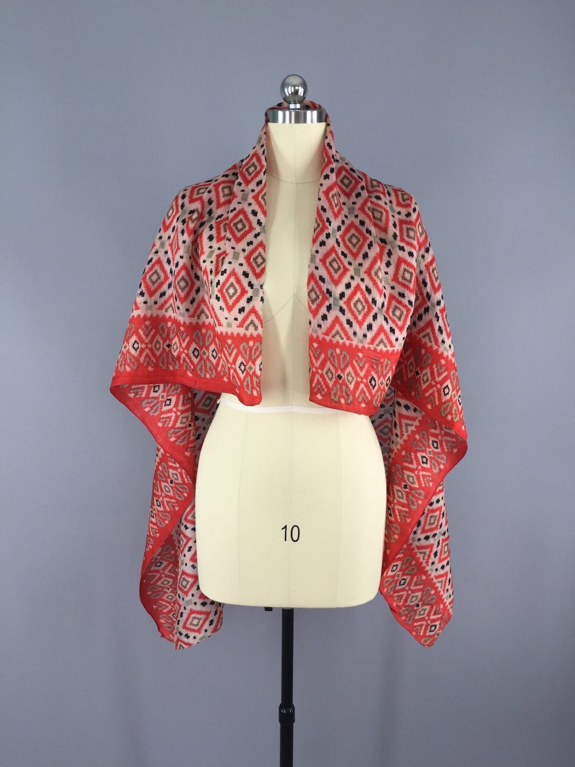 Silk Sari Scarf / Vintage Indian Silk Sari / Red Ikat - ThisBlueBird