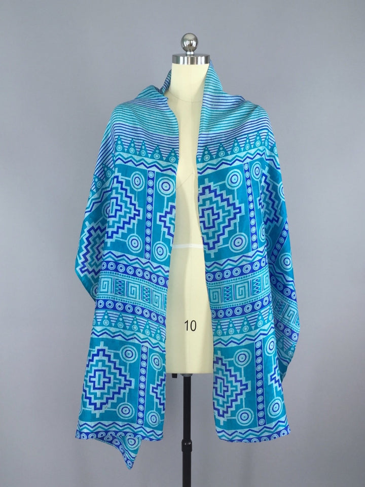 Silk Sari Scarf Wrap / Vintage Indian Sari / Blue Geometric - ThisBlueBird
