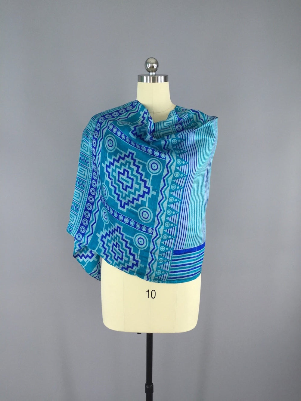 Silk Sari Scarf Wrap / Vintage Indian Sari / Blue Geometric - ThisBlueBird