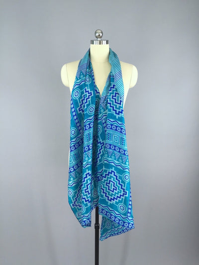 Silk Sari Scarf Wrap / Vintage Indian Sari / Blue Geometric - ThisBlueBird
