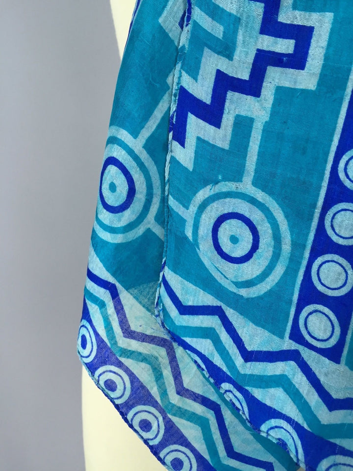 Silk Sari Scarf Wrap / Vintage Indian Sari / Blue Geometric - ThisBlueBird