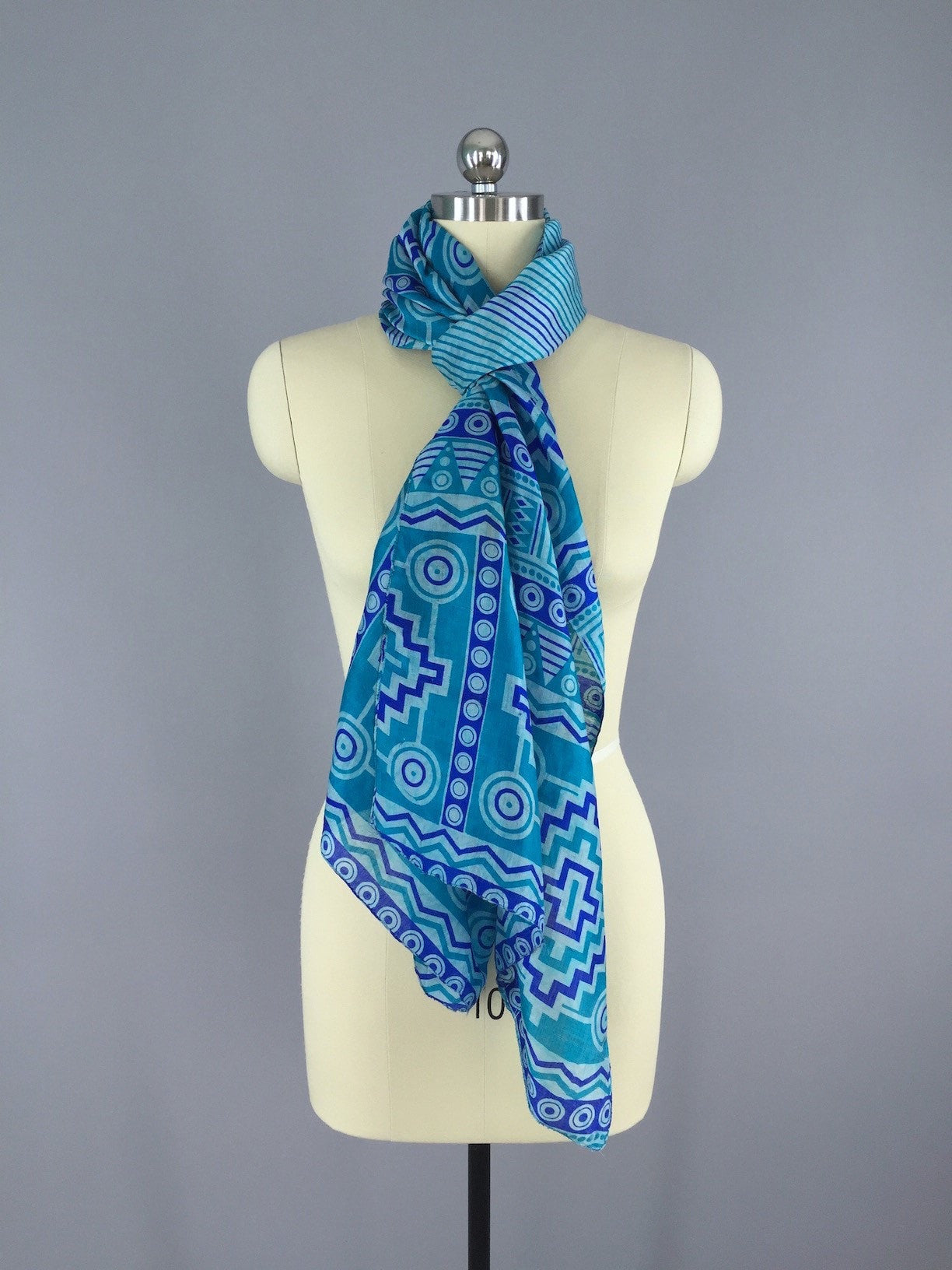 Silk Sari Scarf Wrap / Vintage Indian Sari / Blue Geometric - ThisBlueBird