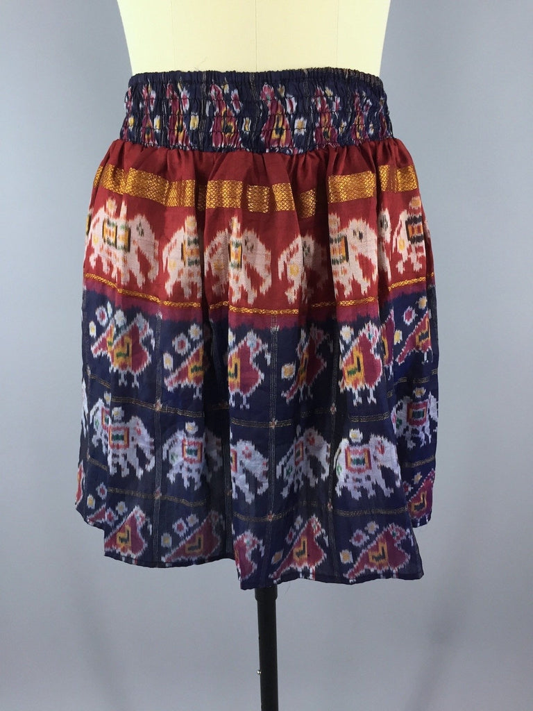 Silk Skirt - Vintage Indian Sari - Blue Elephant Print - Size Large to XL - ThisBlueBird