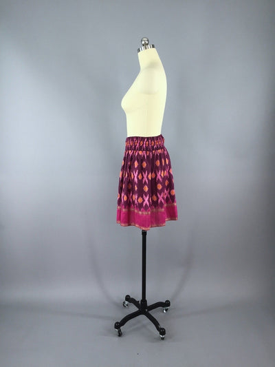 Silk Skirt / Vintage Indian Sari / Bohemian Pink IKAT Print - Size Large to XL - ThisBlueBird