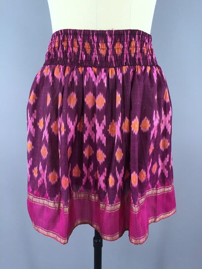 Silk Skirt / Vintage Indian Sari / Bohemian Pink IKAT Print - Size Large to XL - ThisBlueBird
