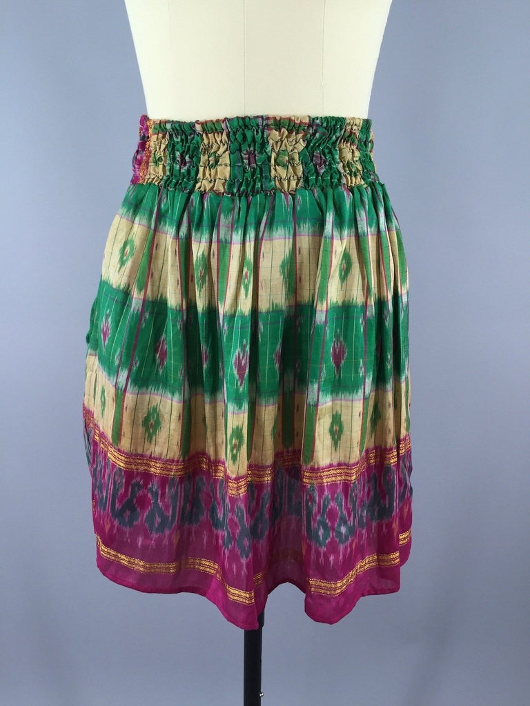Silk Skirt / Vintage Indian Sari / Green Yellow IKAT Print - Size Large to XL - ThisBlueBird