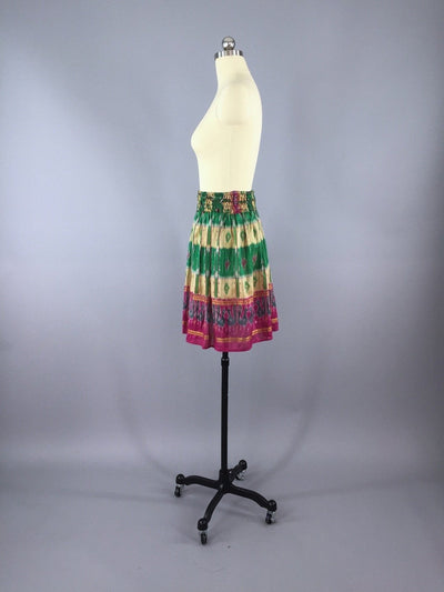 Silk Skirt / Vintage Indian Sari / Green Yellow IKAT Print - Size Large to XL - ThisBlueBird