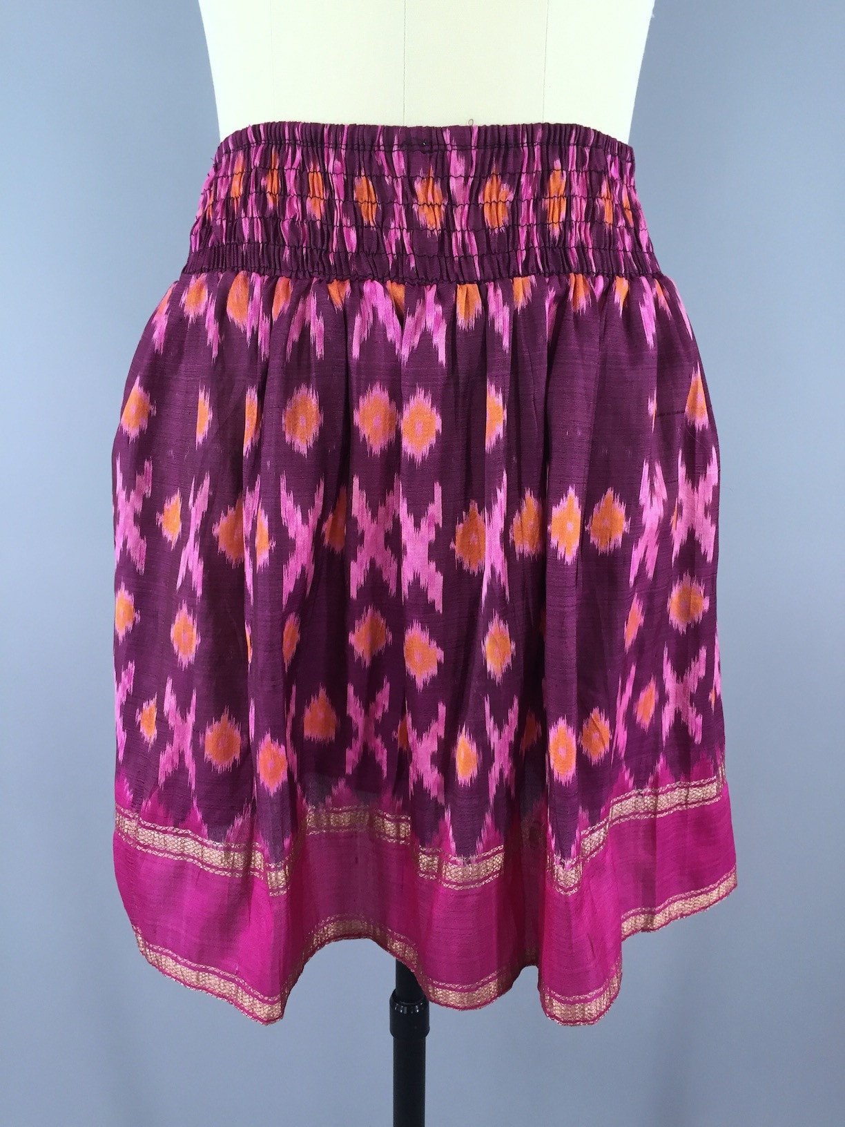 Silk Skirt / Vintage Indian Sari / Pink IKAT Print - Size Small to Medium - ThisBlueBird