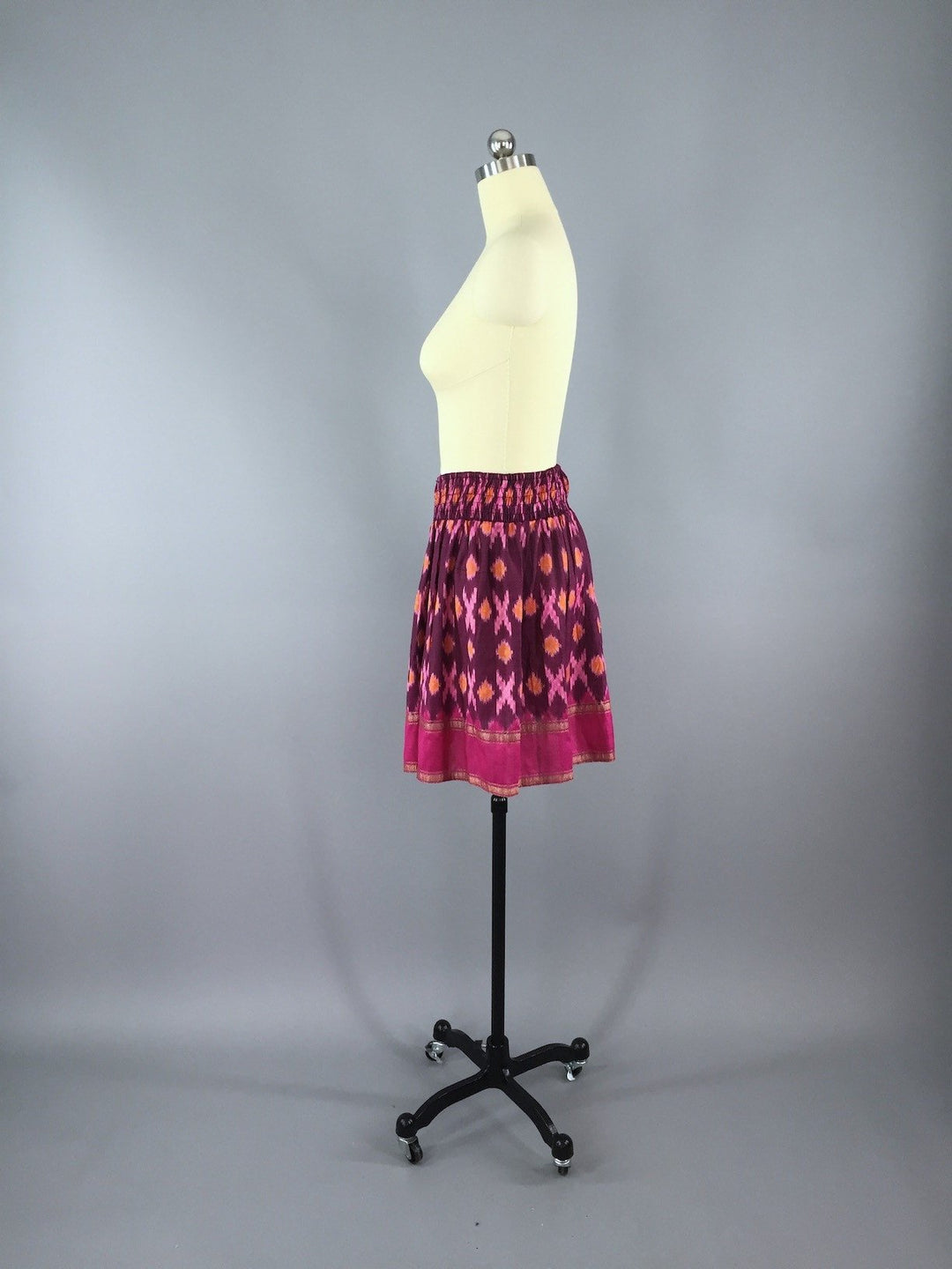 Silk Skirt / Vintage Indian Sari / Pink IKAT Print - Size Small to Medium - ThisBlueBird