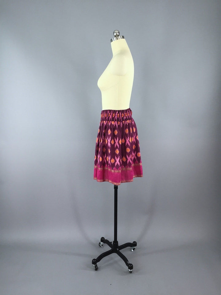 Silk Skirt / Vintage Indian Sari / Pink IKAT Print - Size Small to Medium - ThisBlueBird
