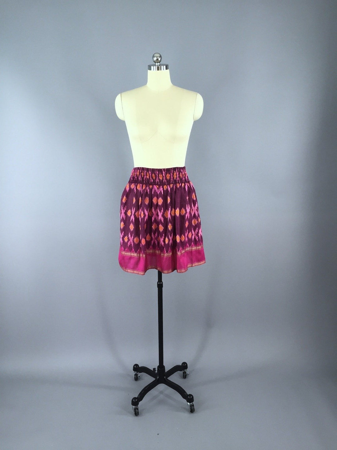 Silk Skirt / Vintage Indian Sari / Pink IKAT Print - Size Small to Medium - ThisBlueBird