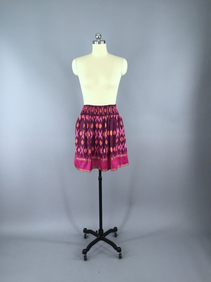Silk Skirt / Vintage Indian Sari / Pink IKAT Print - Size Small to Medium - ThisBlueBird