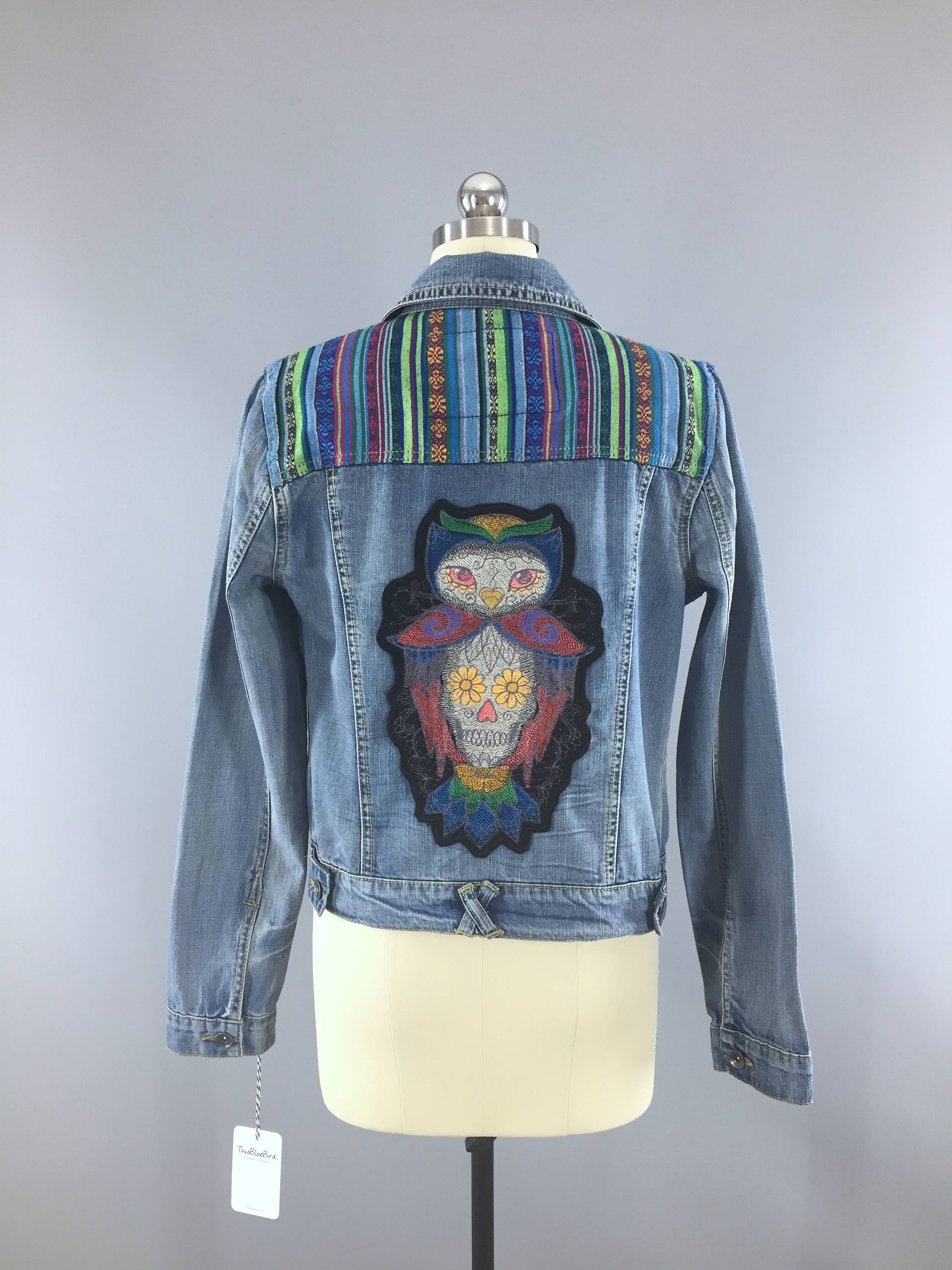 Sugar Skull Owl Embroidered Denim Jacket / Día de Muertos Patch / Mexi ...