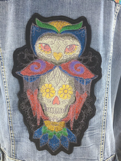 Sugar Skull Owl Embroidered Denim Jacket / Día de Muertos Patch / Mexican Day of the Dead Embroidery - ThisBlueBird