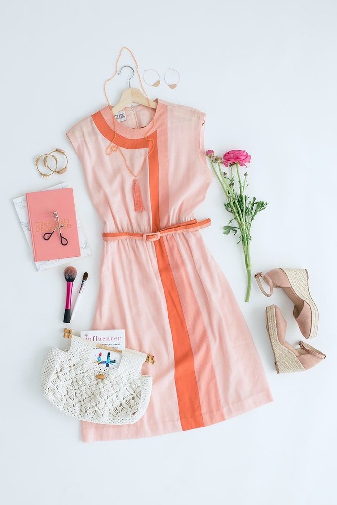 Vintage 1980s Coral Pink Color Block Day Dress