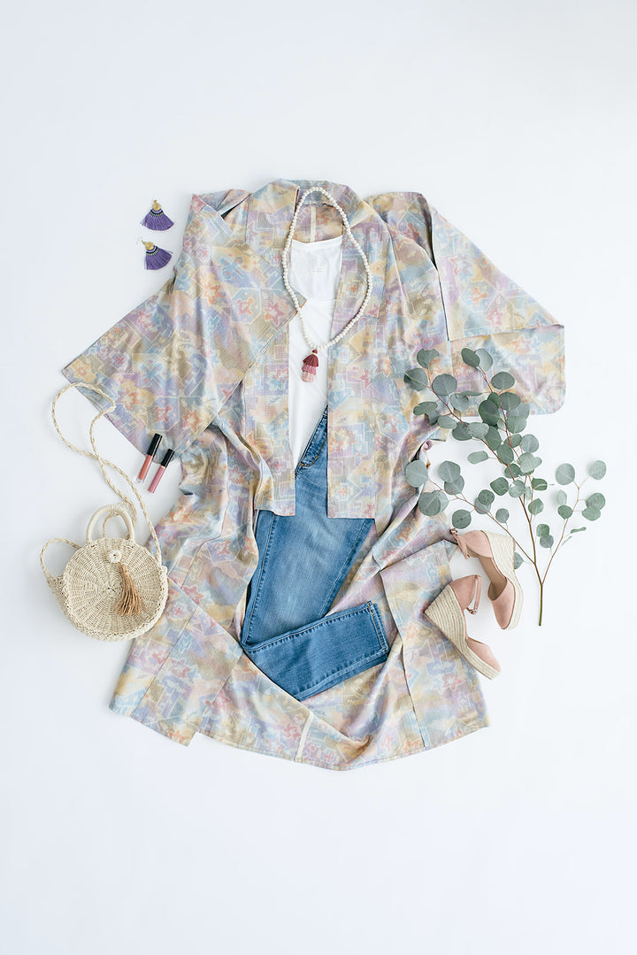Vintage Silk Kimono Robe / Pastel Ikat - ThisBlueBird