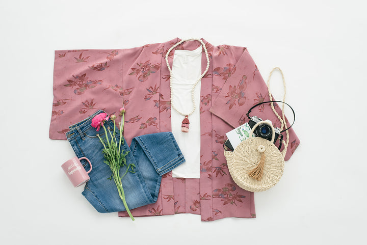 Vintage Silk Kimono Cardigan Jacket / Purple Batik Floral - ThisBlueBird