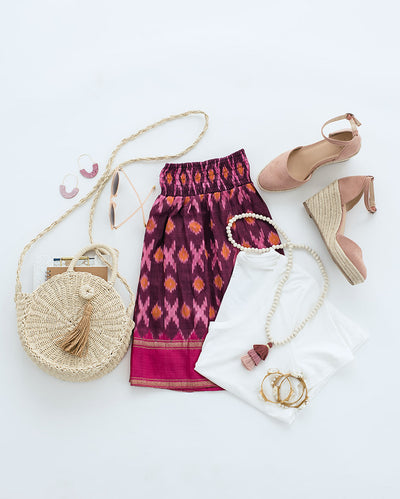 Silk Skirt / Vintage Indian Sari / Pink IKAT Print - Size Small to Medium - ThisBlueBird