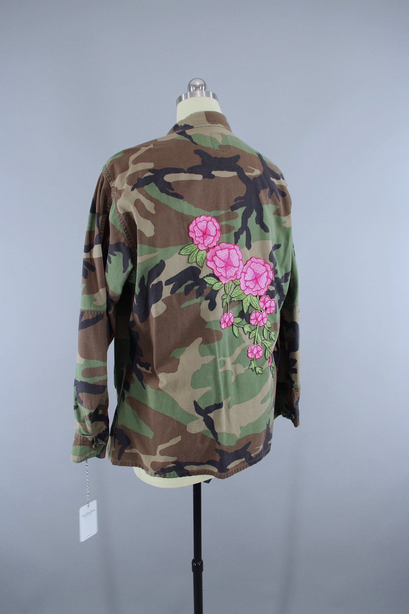US Army Camouflage Jacket with Pink Floral Embroidery Patch - ThisBlueBird