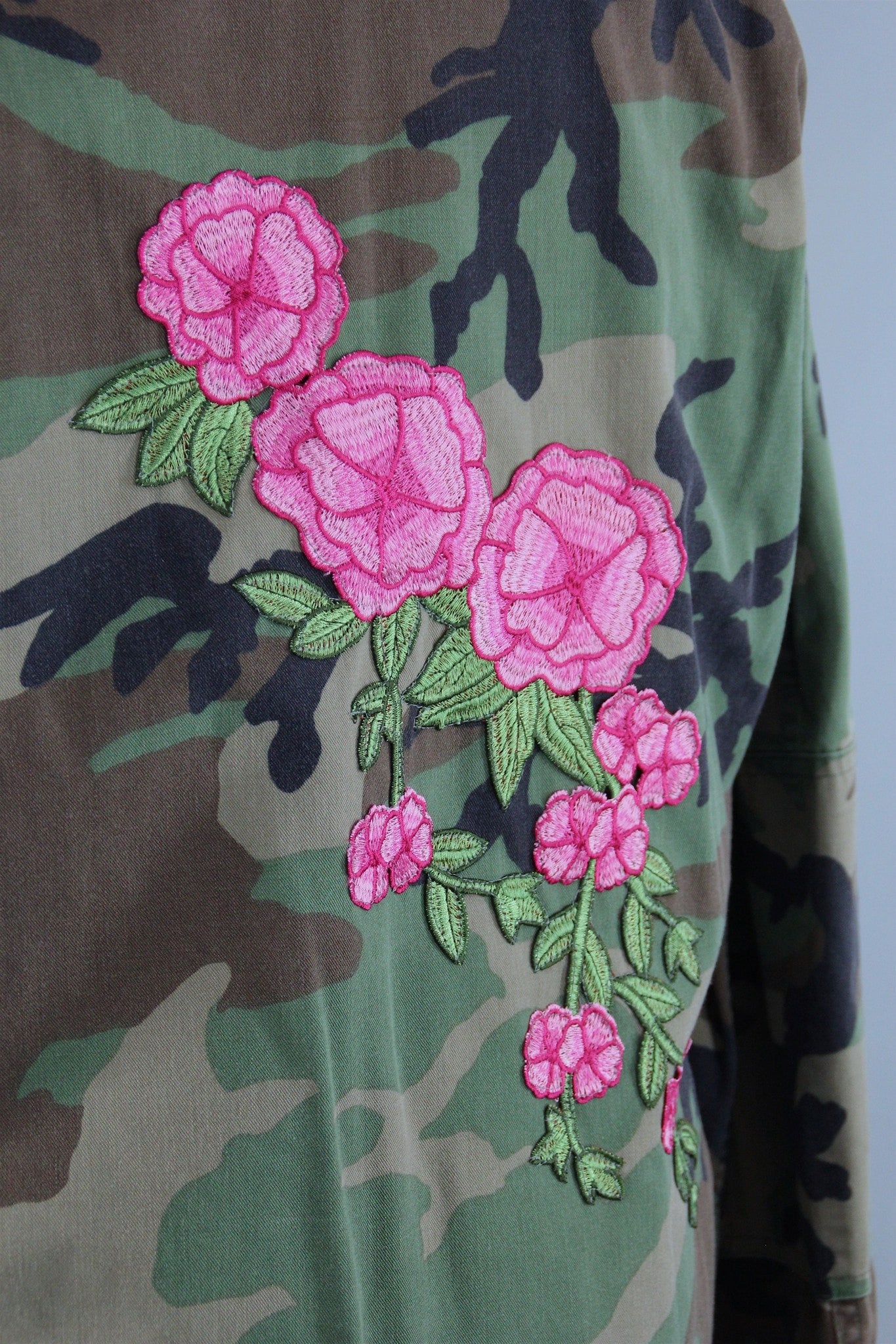 US Army Camouflage Jacket with Pink Floral Embroidery Patch - ThisBlueBird