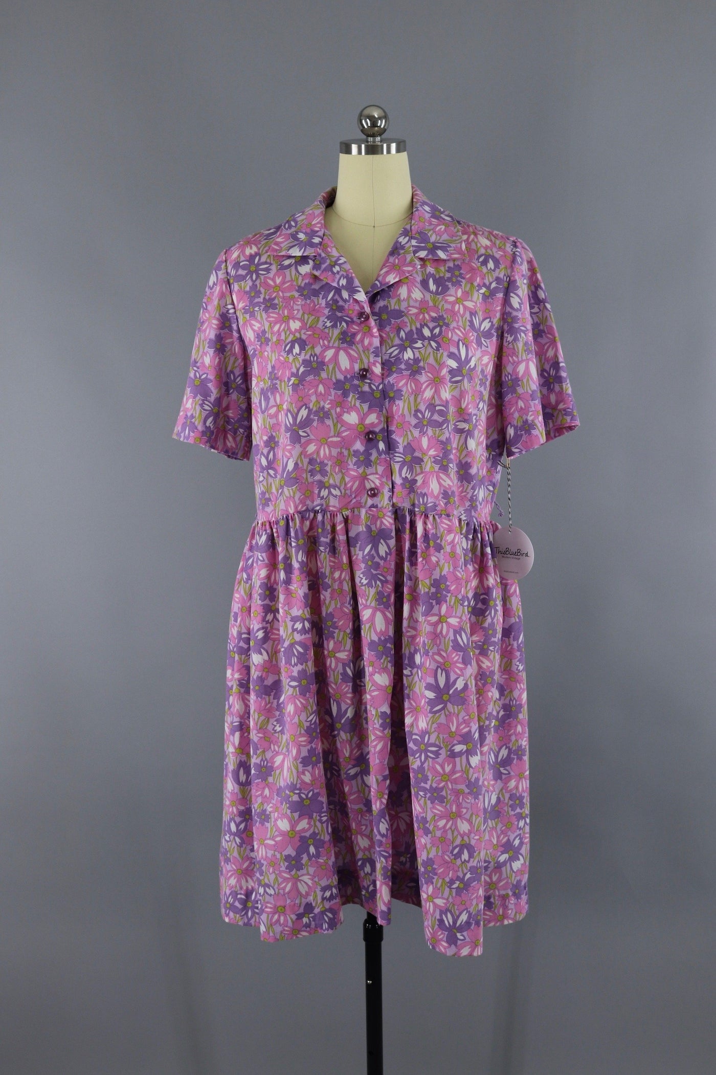 Vintage 1960s Purple Floral Print Dress / XL Plus Size - ThisBlueBird