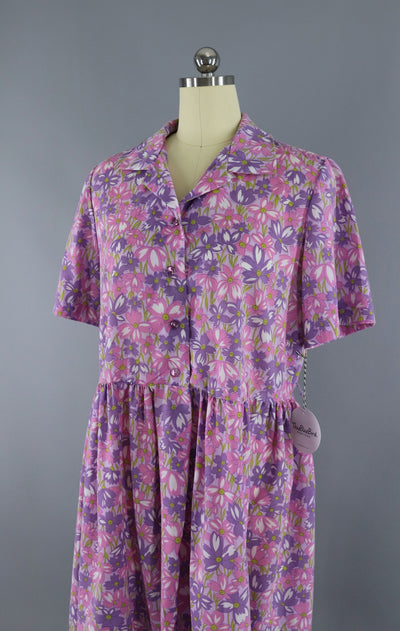 Vintage 1960s Purple Floral Print Dress / XL Plus Size - ThisBlueBird