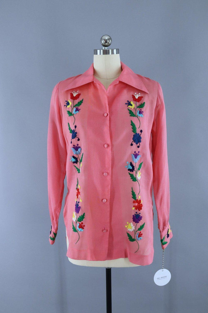 Vintage 1970s Darrylin Pink Floral Embroidered Mexican Blouse - ThisBlueBird