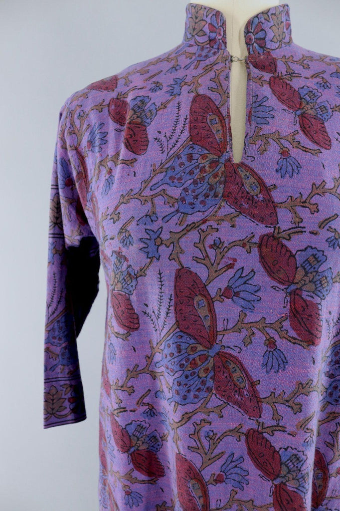 Vintage 1970s Purple Butterflies Cotton Tunic Dress - ThisBlueBird