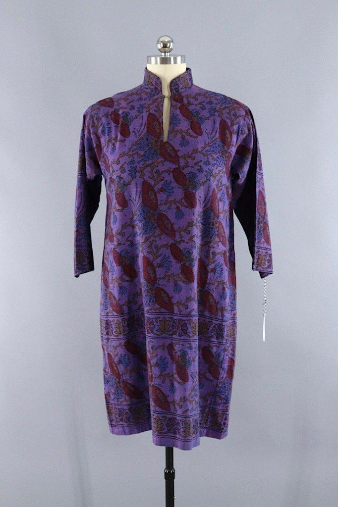Vintage 1970s Purple Butterflies Cotton Tunic Dress - ThisBlueBird